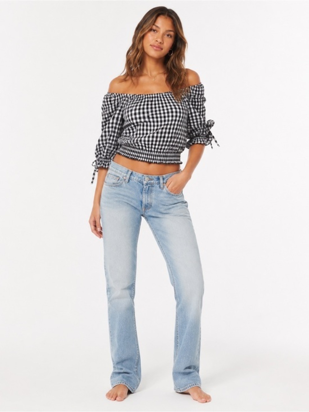 Hollister XS Black White Gingham Off Shoulder Smocked Peasant Crop Top